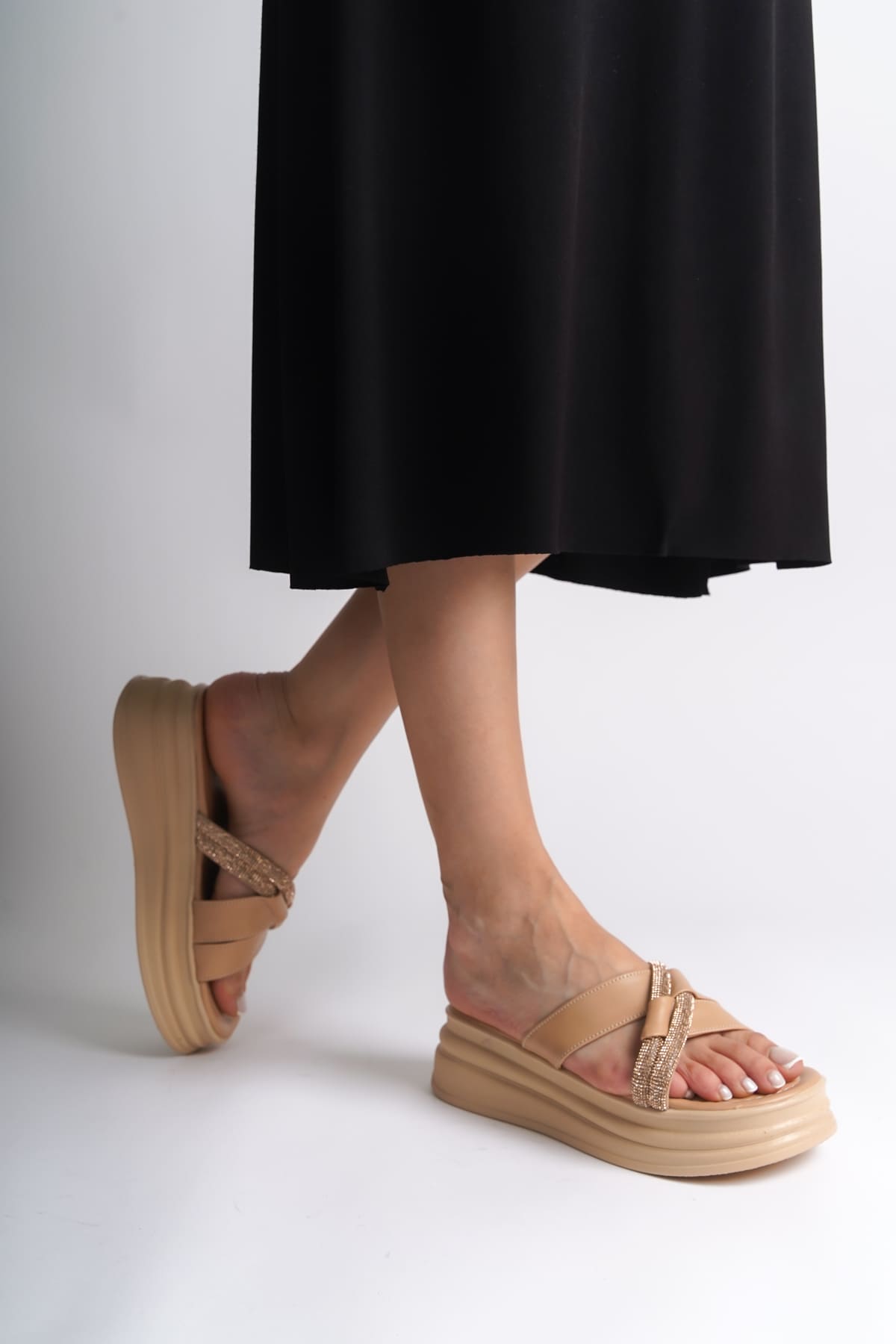 RUBIANA Stone Cross Striped Thick and Orthopedic Sole Women's Ten Slippers