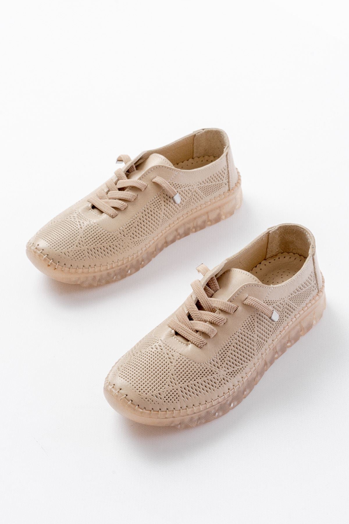 ZRİN-365 Bej Desenli Hakiki Deri Tam Ortopedik Comfort Spor Babet