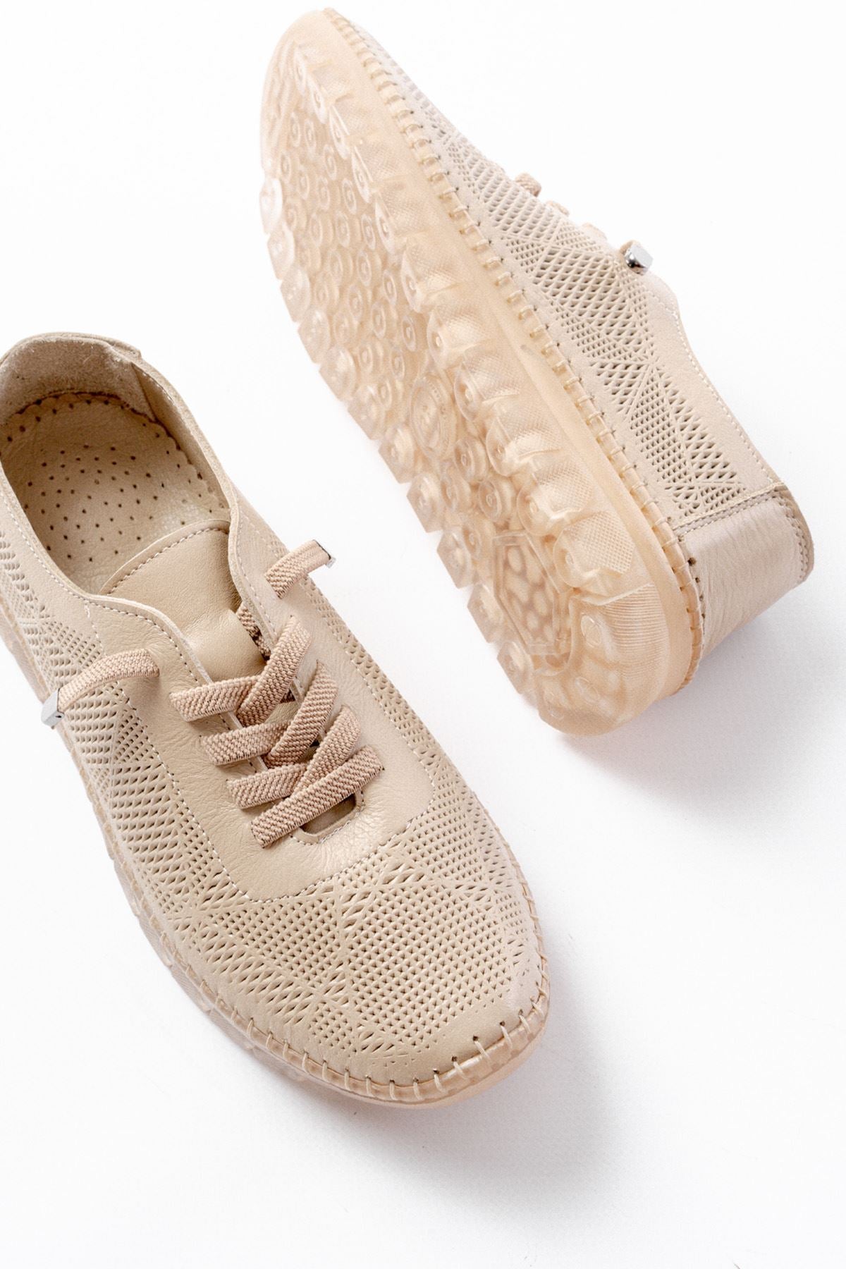 ZRİN-365 Bej Desenli Hakiki Deri Tam Ortopedik Comfort Spor Babet