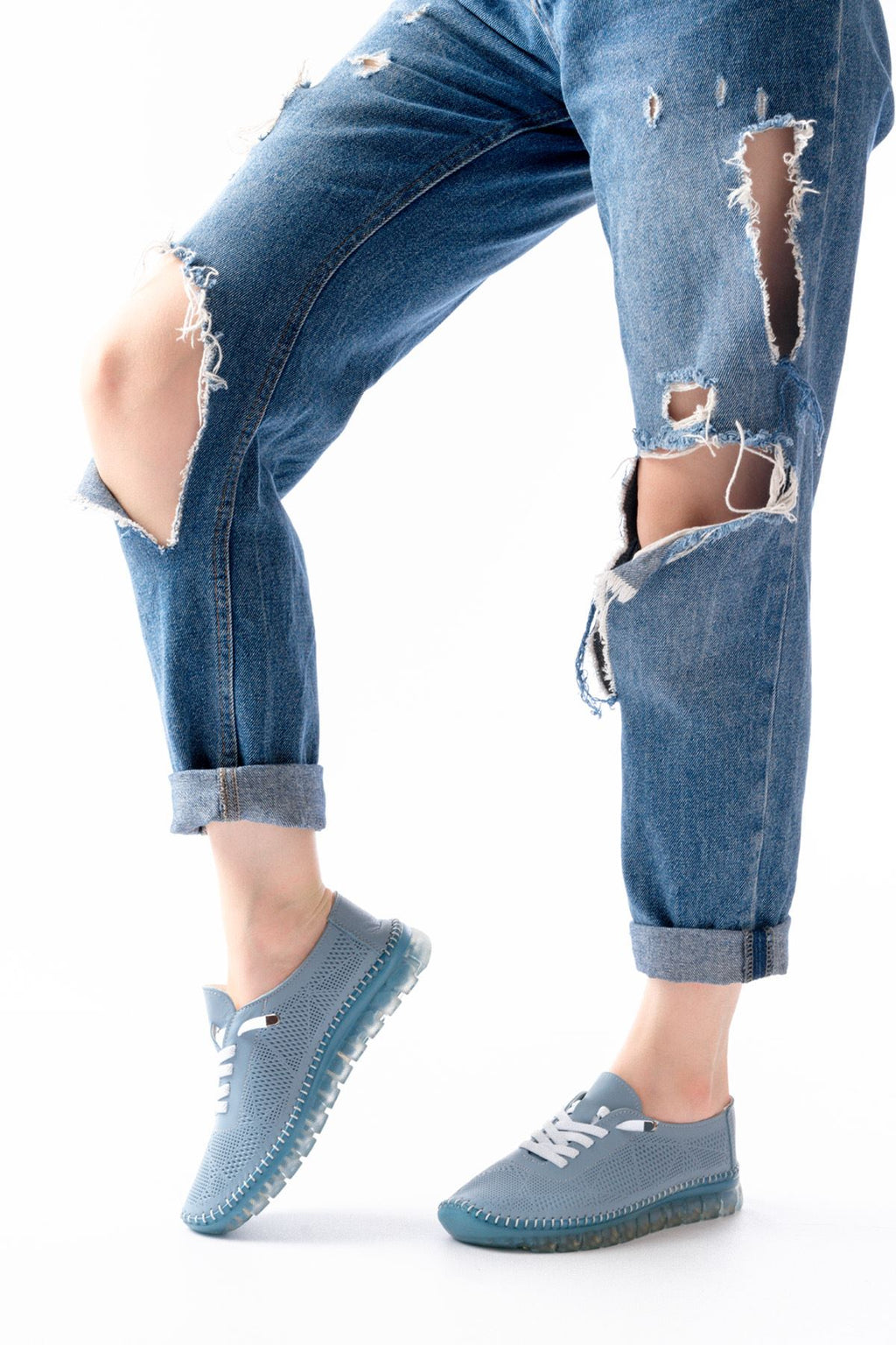 ZRİN-365 Mavi Desenli Hakiki Deri Tam Ortopedik Comfort Spor Babet