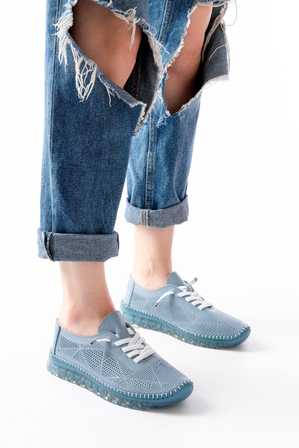 ZRİN-365 Mavi Desenli Hakiki Deri Tam Ortopedik Comfort Spor Babet