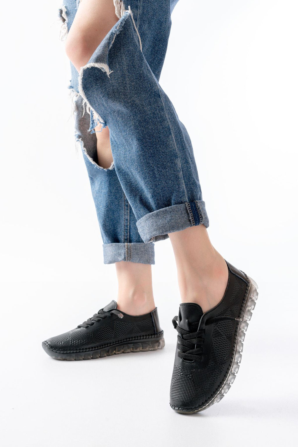 ZRİN-365 Siyah Desenli Hakiki Deri Tam Ortopedik Comfort Spor Babet