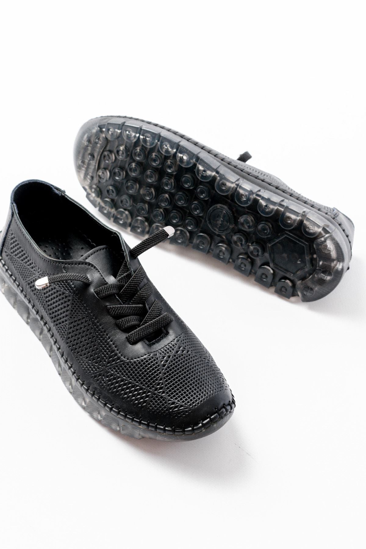 ZRİN-365 Siyah Desenli Hakiki Deri Tam Ortopedik Comfort Spor Babet