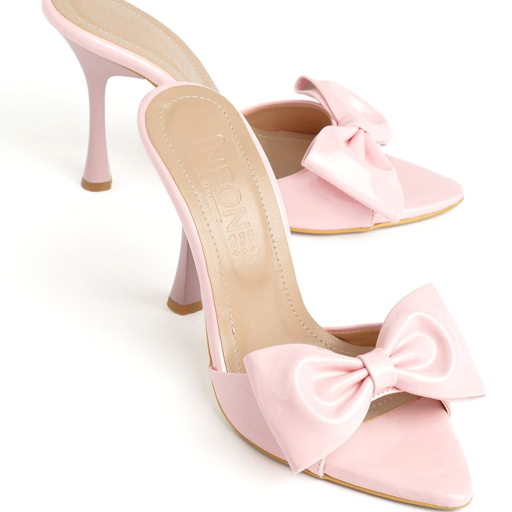 ZRİN-49 Exclusive Pembe Rugan Fiyonk Detaylı 11 Cm Topuklu Kadın Terlik