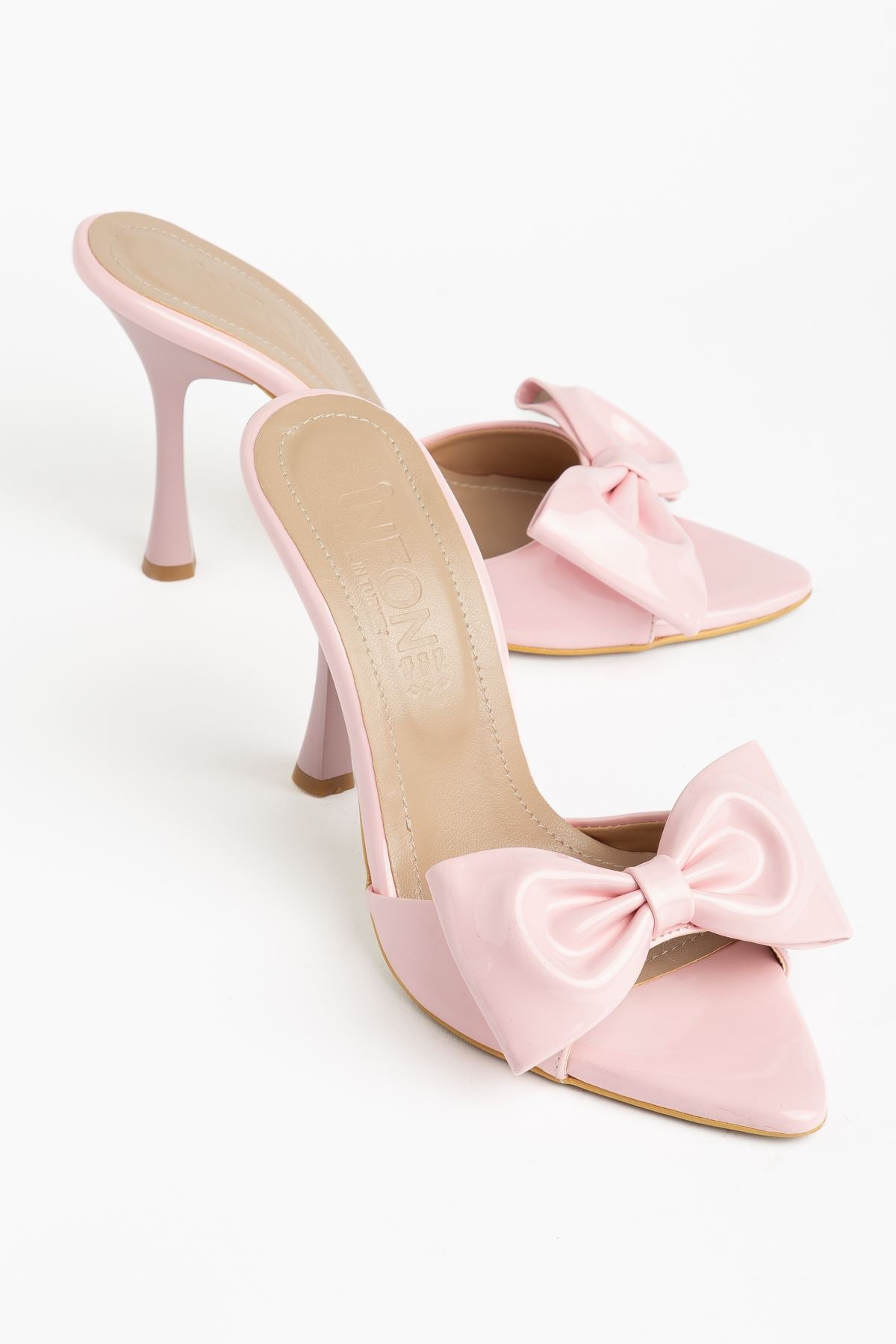 ZRİN-49 Exclusive Pembe Rugan Fiyonk Detaylı 11 Cm Topuklu Kadın Terlik