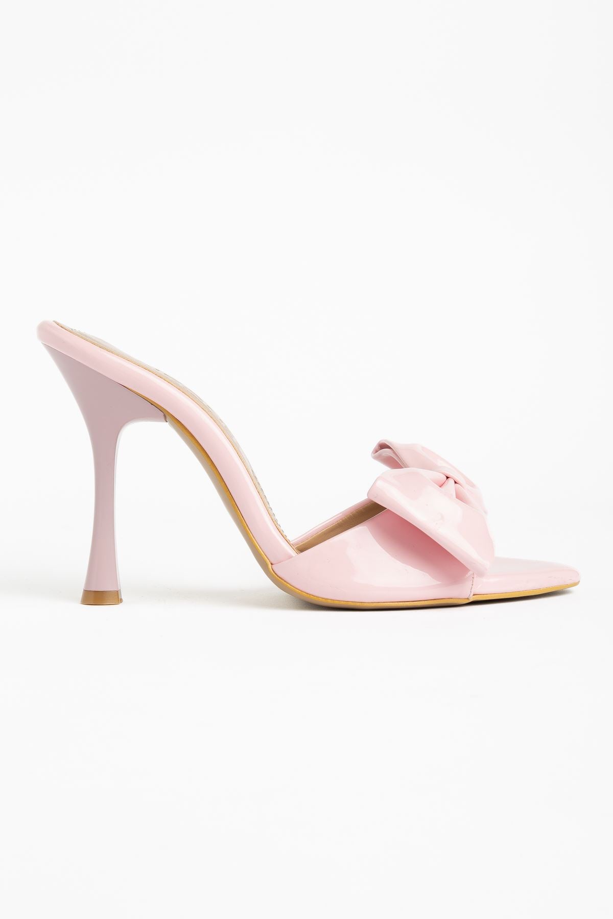 ZRİN-49 Exclusive Pembe Rugan Fiyonk Detaylı 11 Cm Topuklu Kadın Terlik