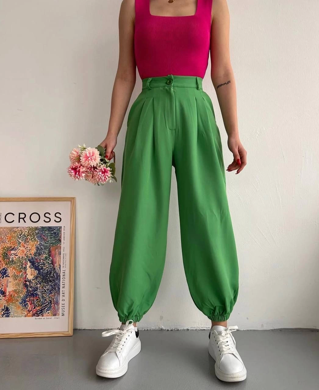 Green Elasticated Wide Leg Shalwar Type Trousers