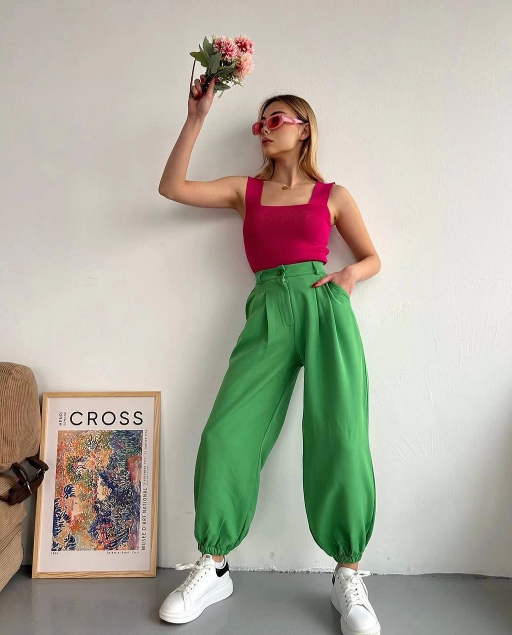 Green Elasticated Wide Leg Shalwar Type Trousers