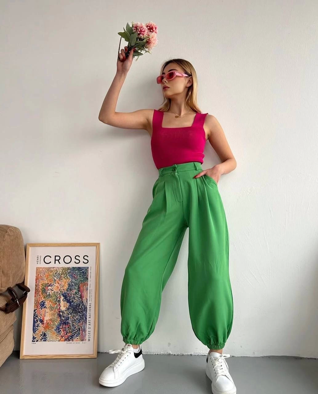 Green Elasticated Wide Leg Shalwar Type Trousers