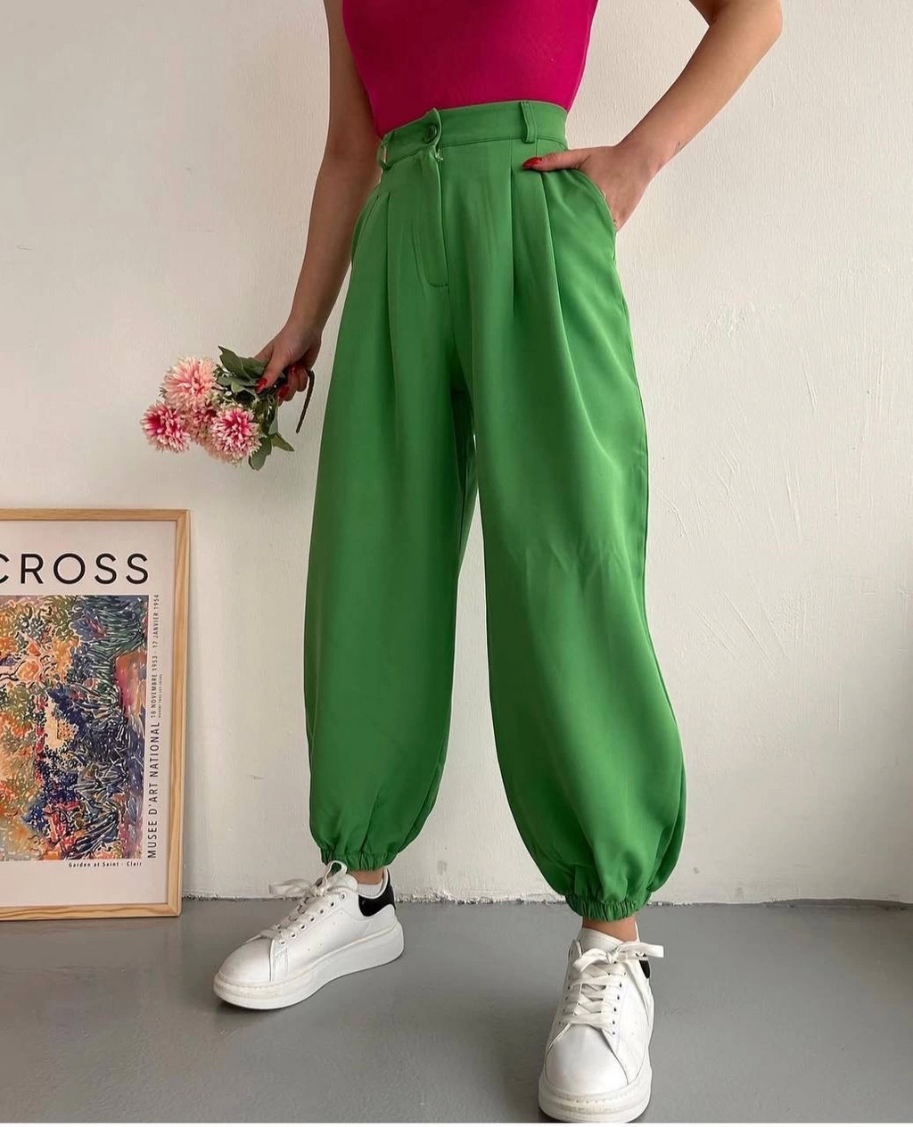Green Elasticated Wide Leg Shalwar Type Trousers