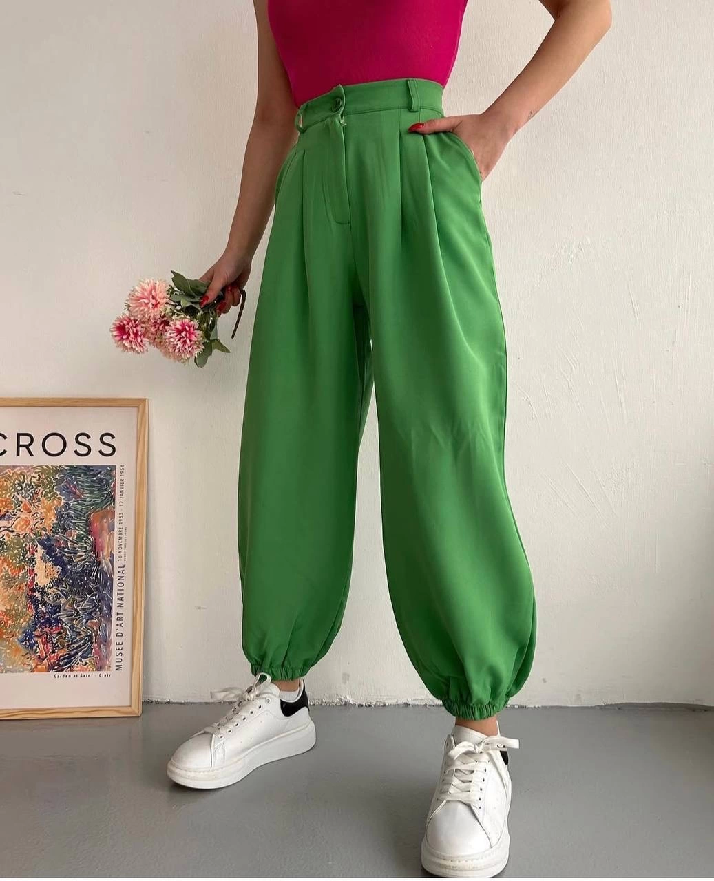 Green Elasticated Wide Leg Shalwar Type Trousers