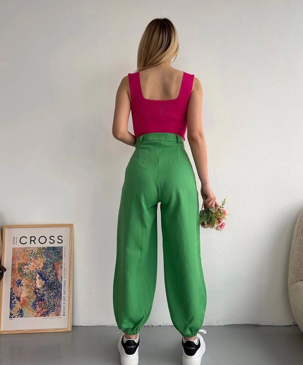 Green Elasticated Wide Leg Shalwar Type Trousers