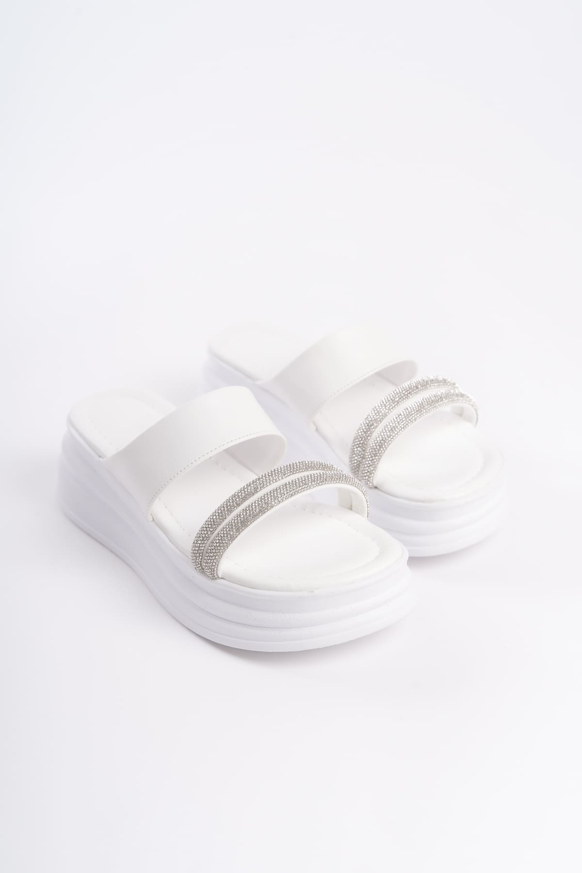 SARLENE Thick Heeled Stoned Striped Orthopedic Women's White Slippers