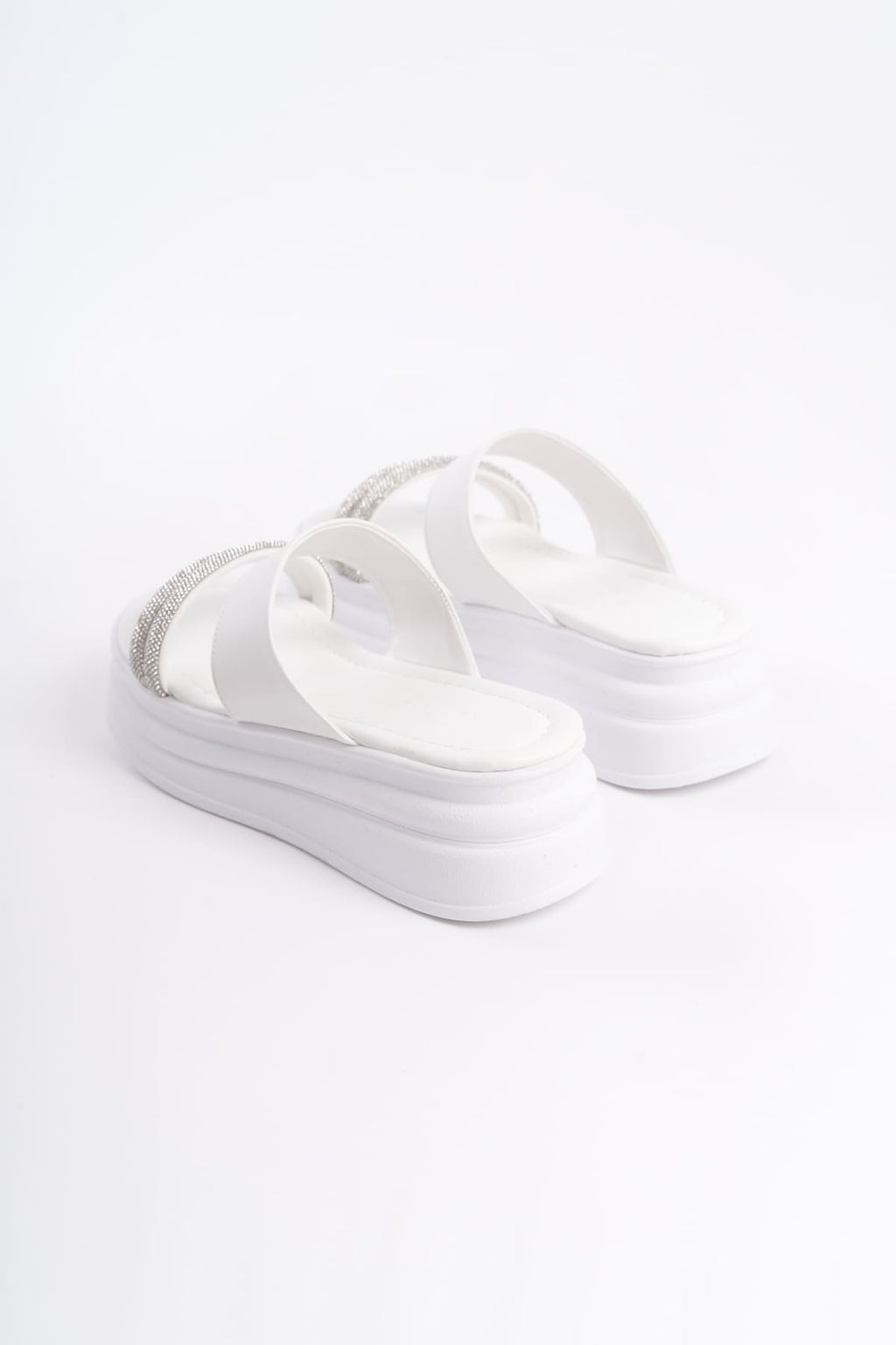 SARLENE Thick Heeled Stoned Striped Orthopedic Women's White Slippers