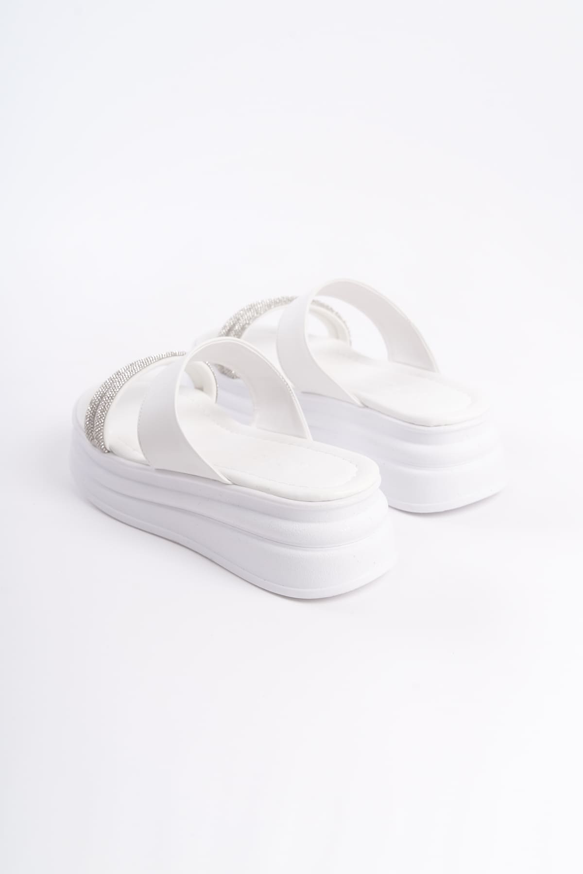 SARLENE Thick Heeled Stoned Striped Orthopedic Women's White Slippers