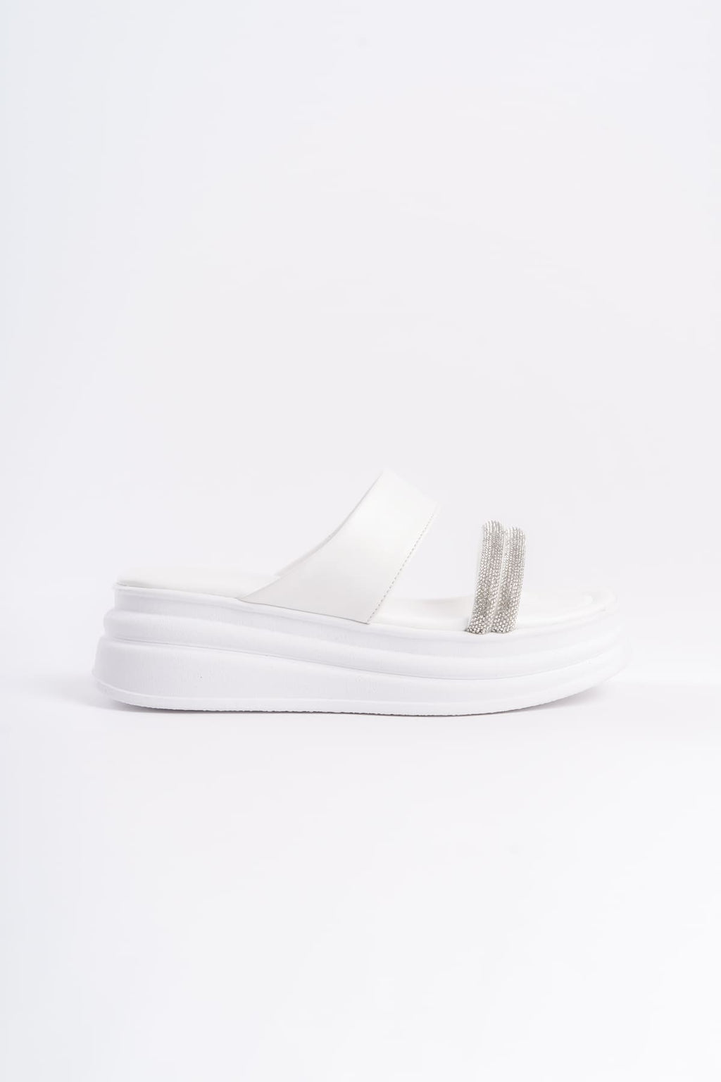 SARLENE Thick Heeled Stoned Striped Orthopedic Women's White Slippers