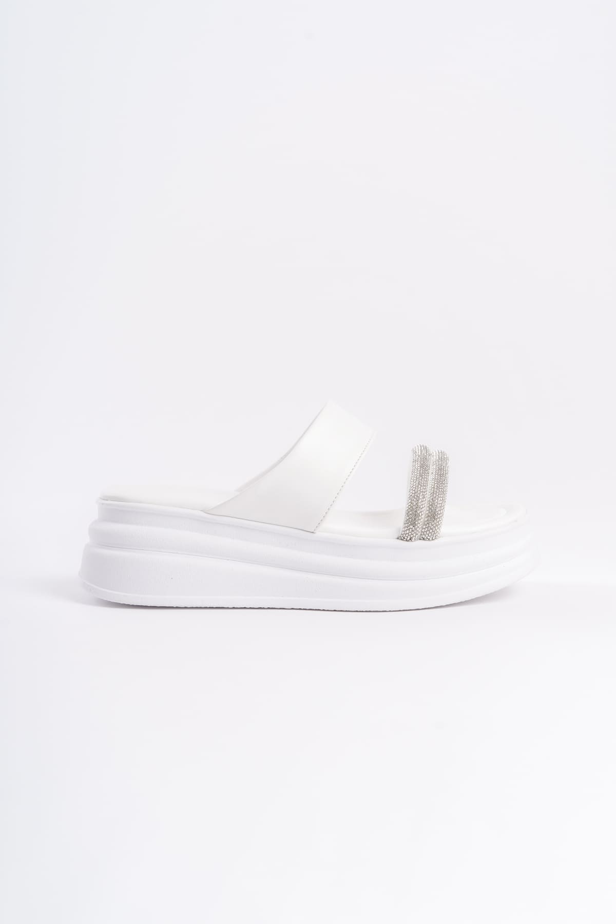 SARLENE Thick Heeled Stoned Striped Orthopedic Women's White Slippers