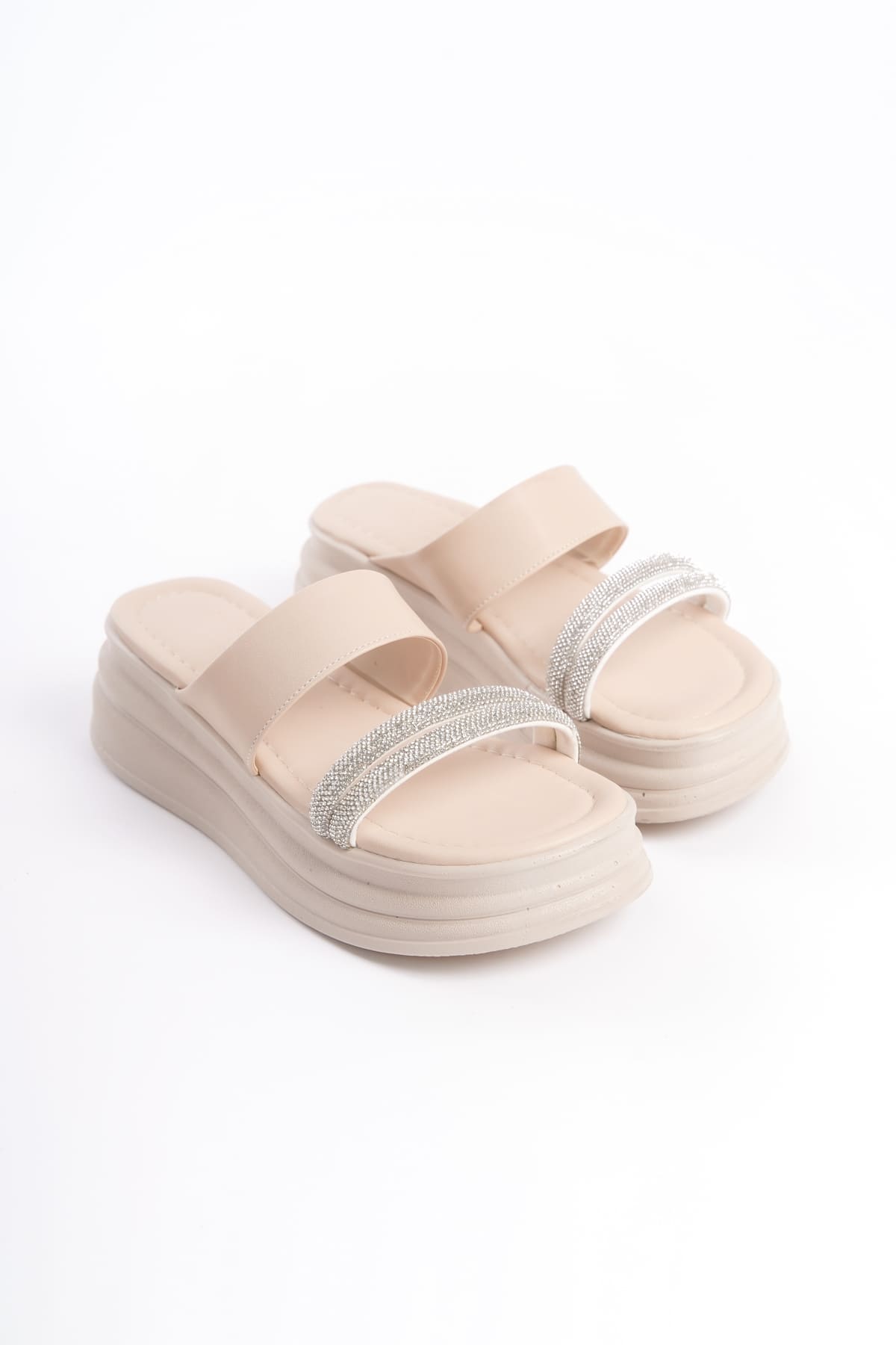SARLENE Thick Heeled Stoned Striped Orthopedic Women's Cream Slippers