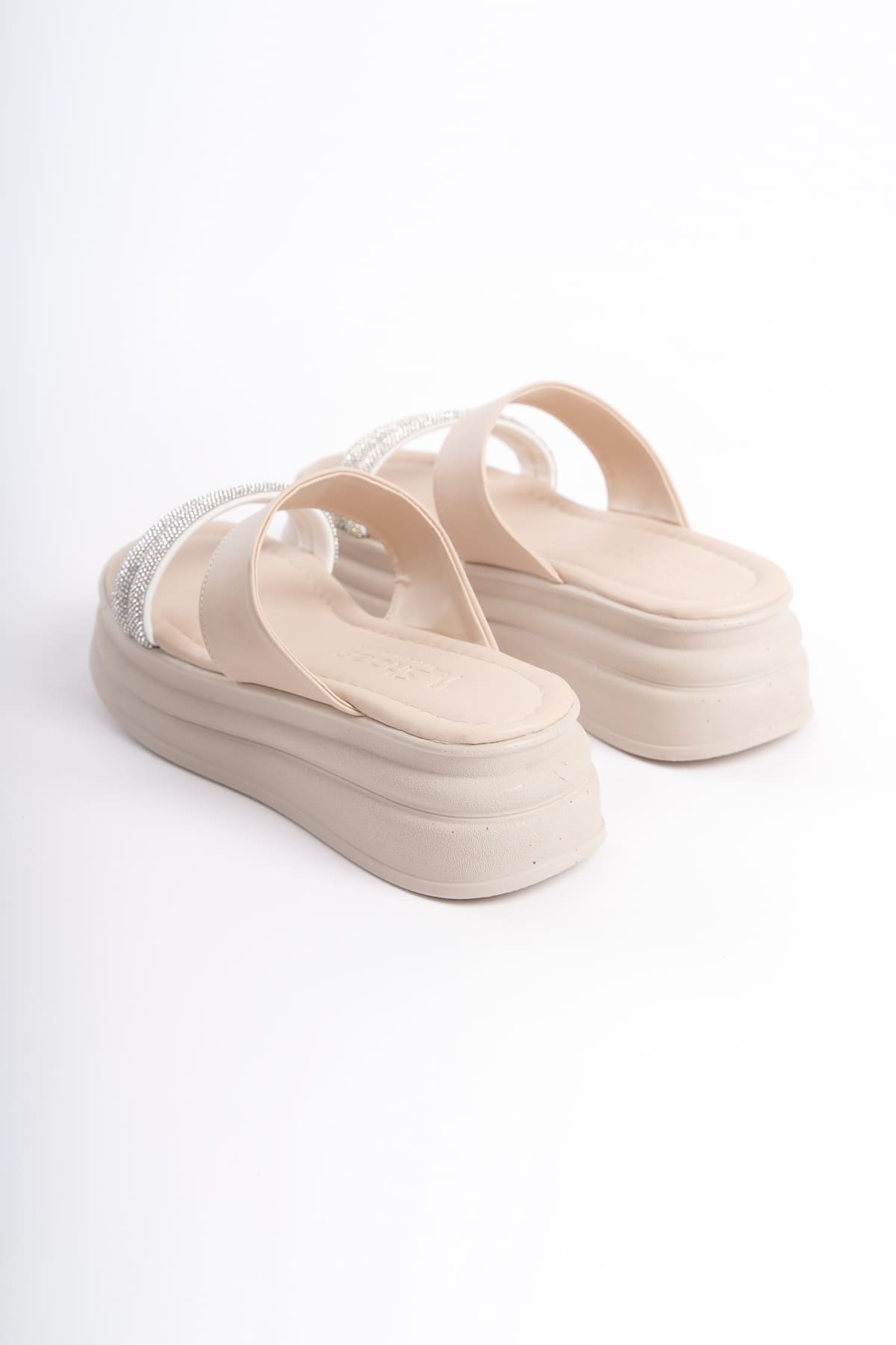 SARLENE Thick Heeled Stoned Striped Orthopedic Women's Cream Slippers