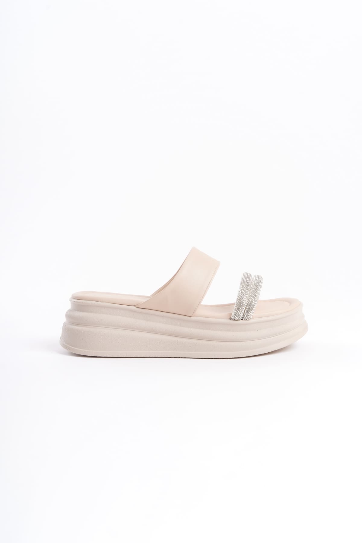 SARLENE Thick Heeled Stoned Striped Orthopedic Women's Cream Slippers