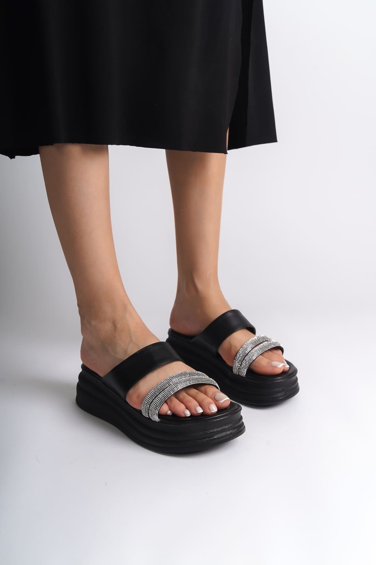 SARLENE Thick Heeled Stoned Striped Orthopedic Women's Black Slippers