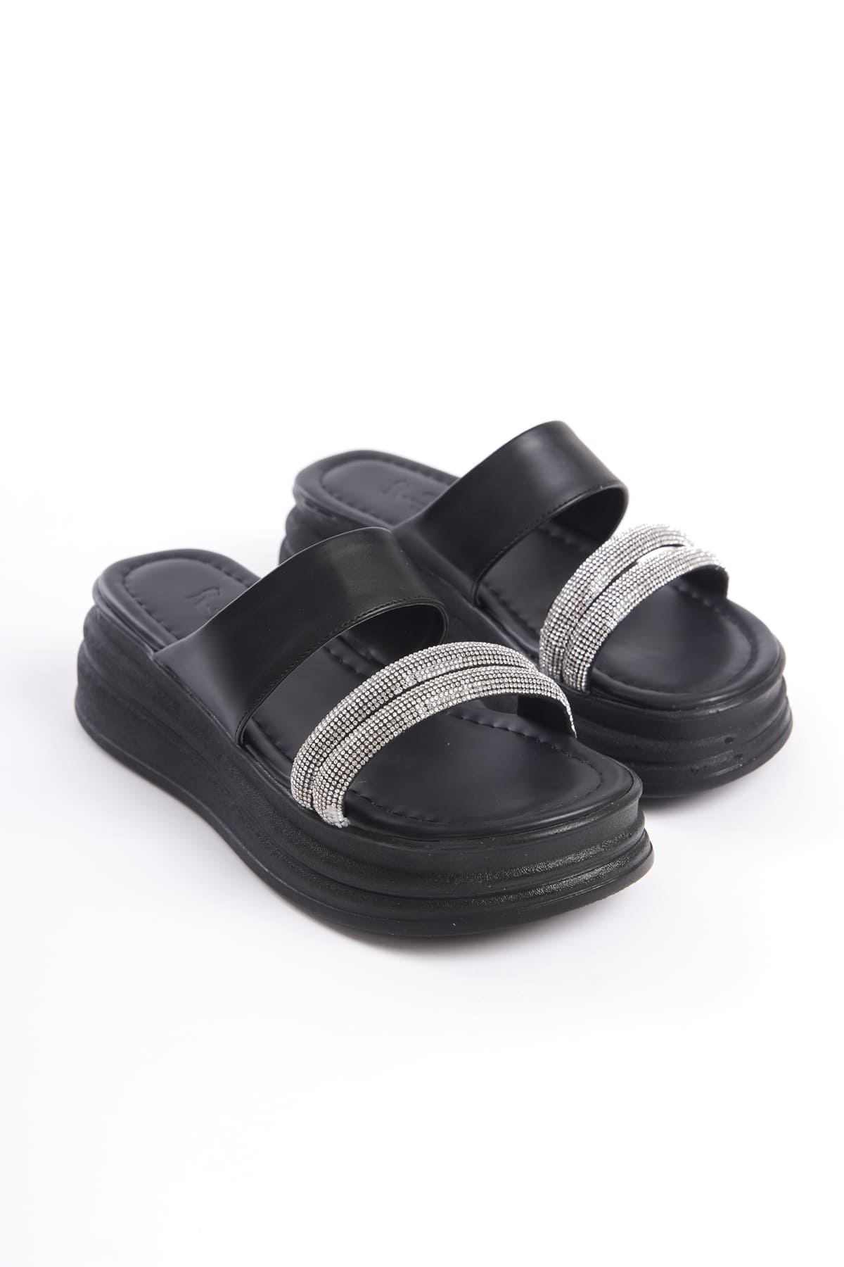 SARLENE Thick Heeled Stoned Striped Orthopedic Women's Black Slippers