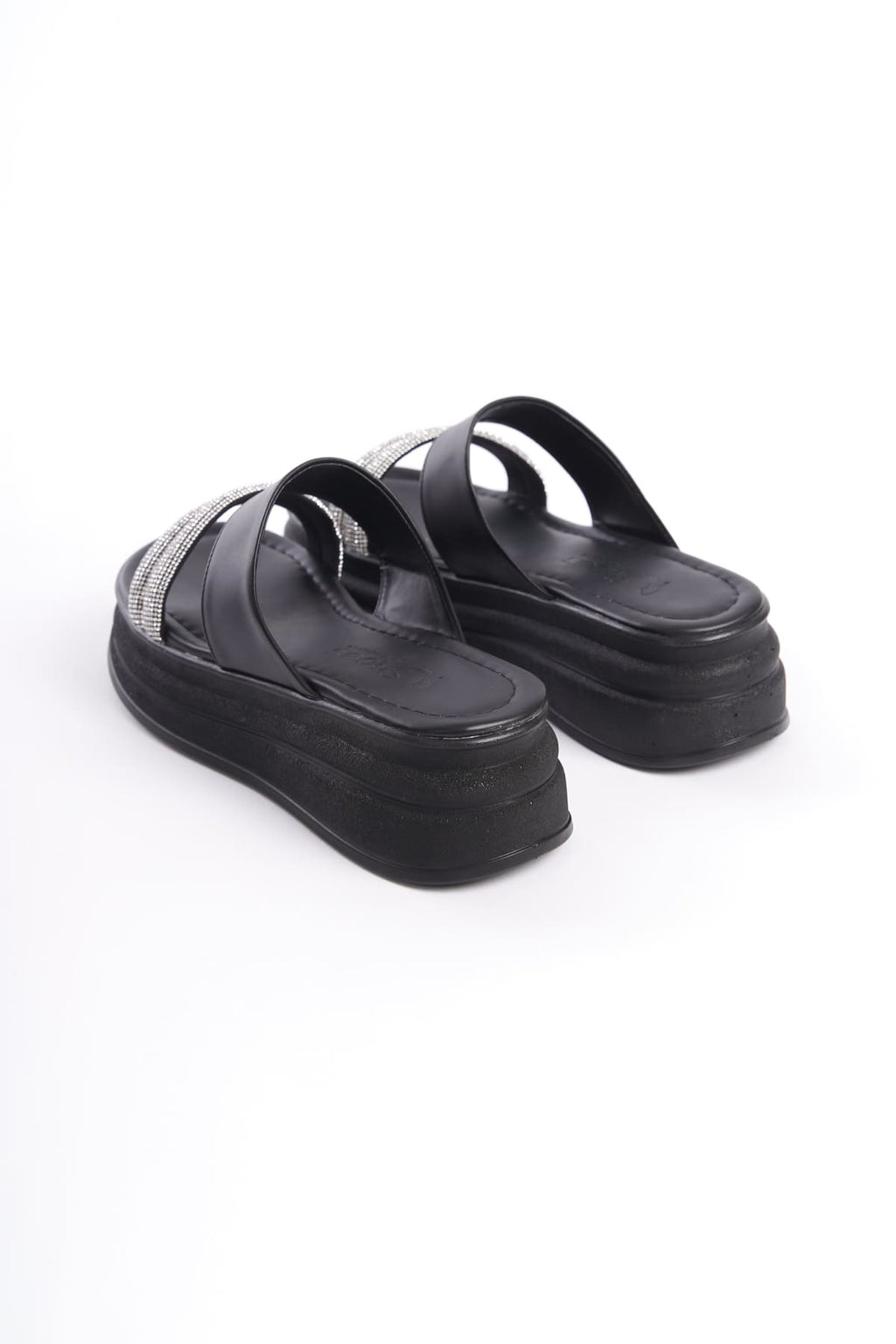 SARLENE Thick Heeled Stoned Striped Orthopedic Women's Black Slippers