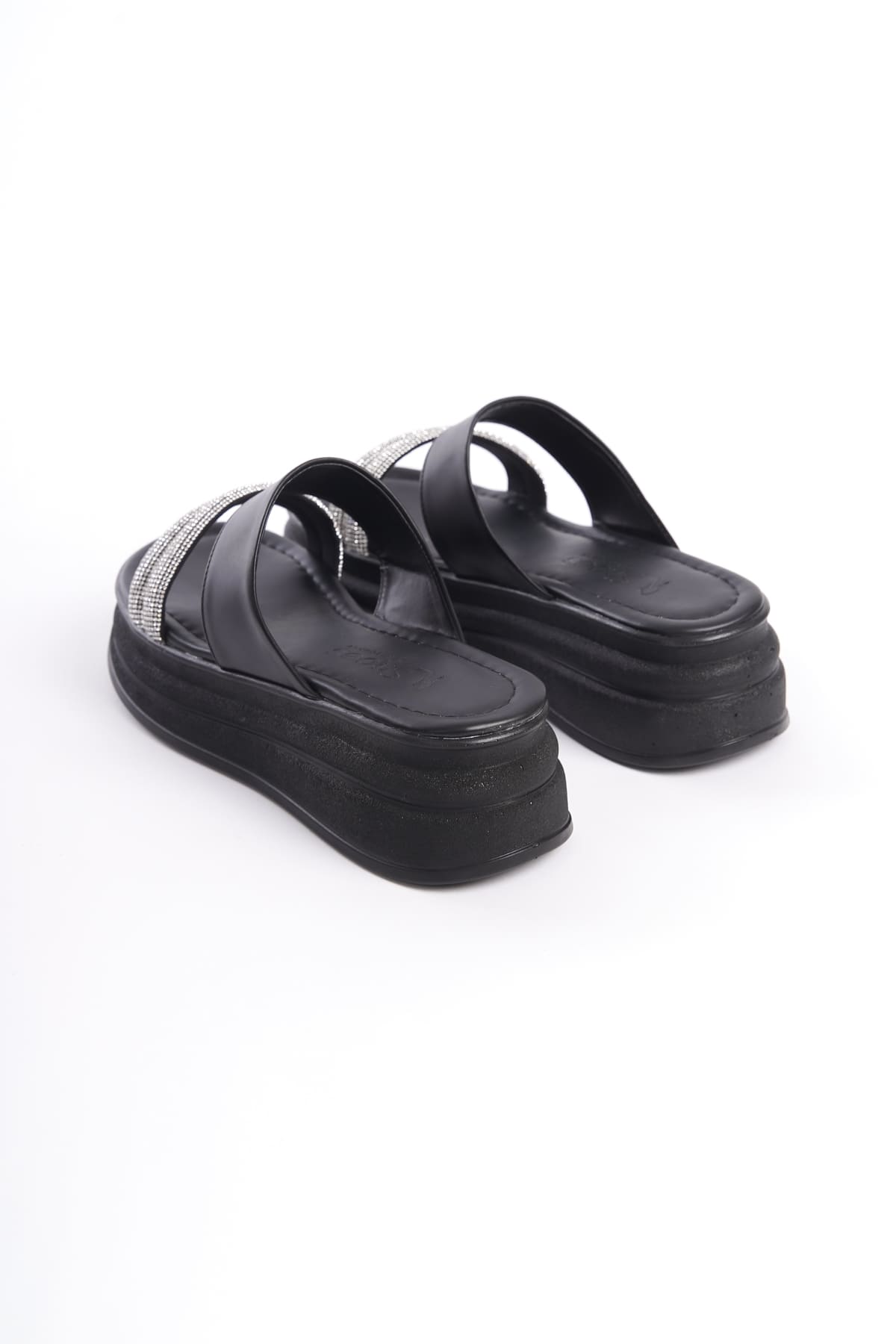 SARLENE Thick Heeled Stoned Striped Orthopedic Women's Black Slippers