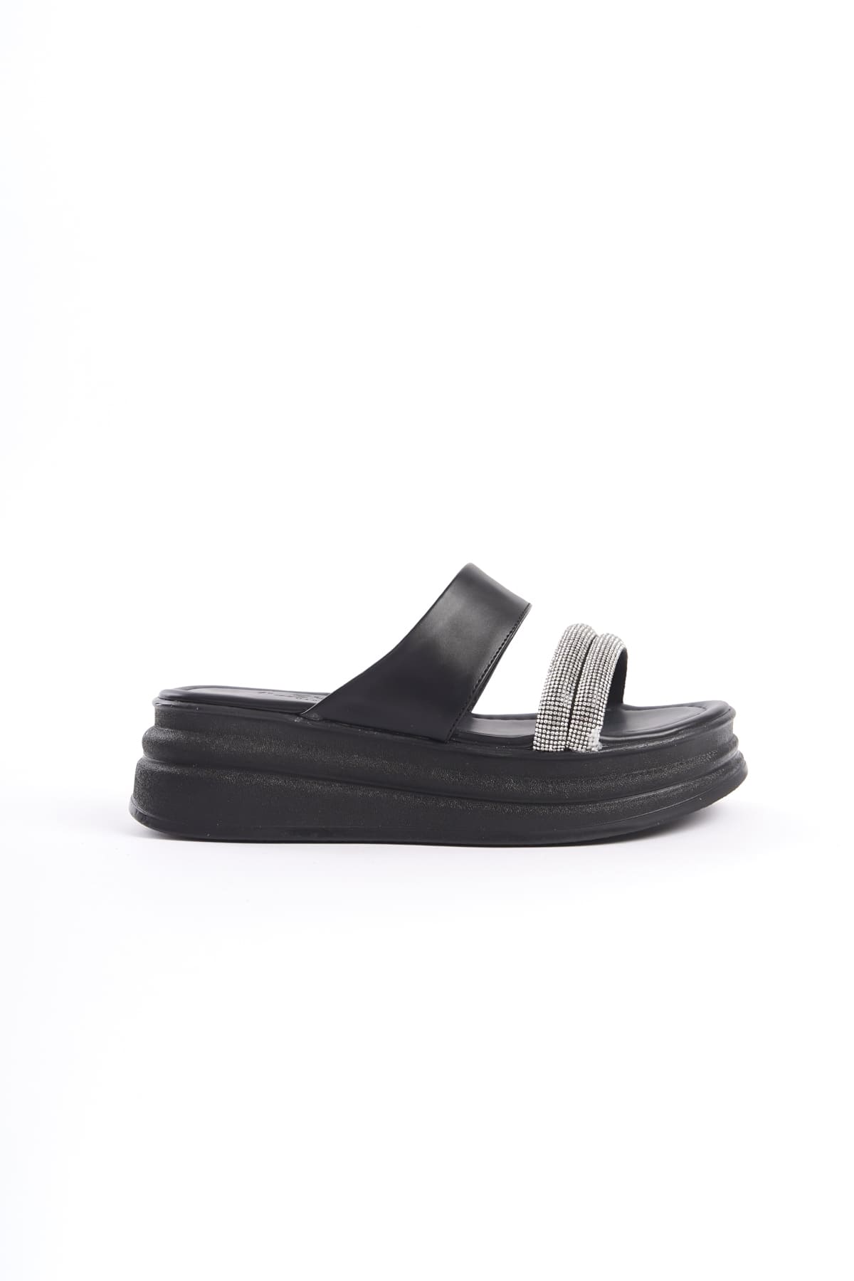 SARLENE Thick Heeled Stoned Striped Orthopedic Women's Black Slippers