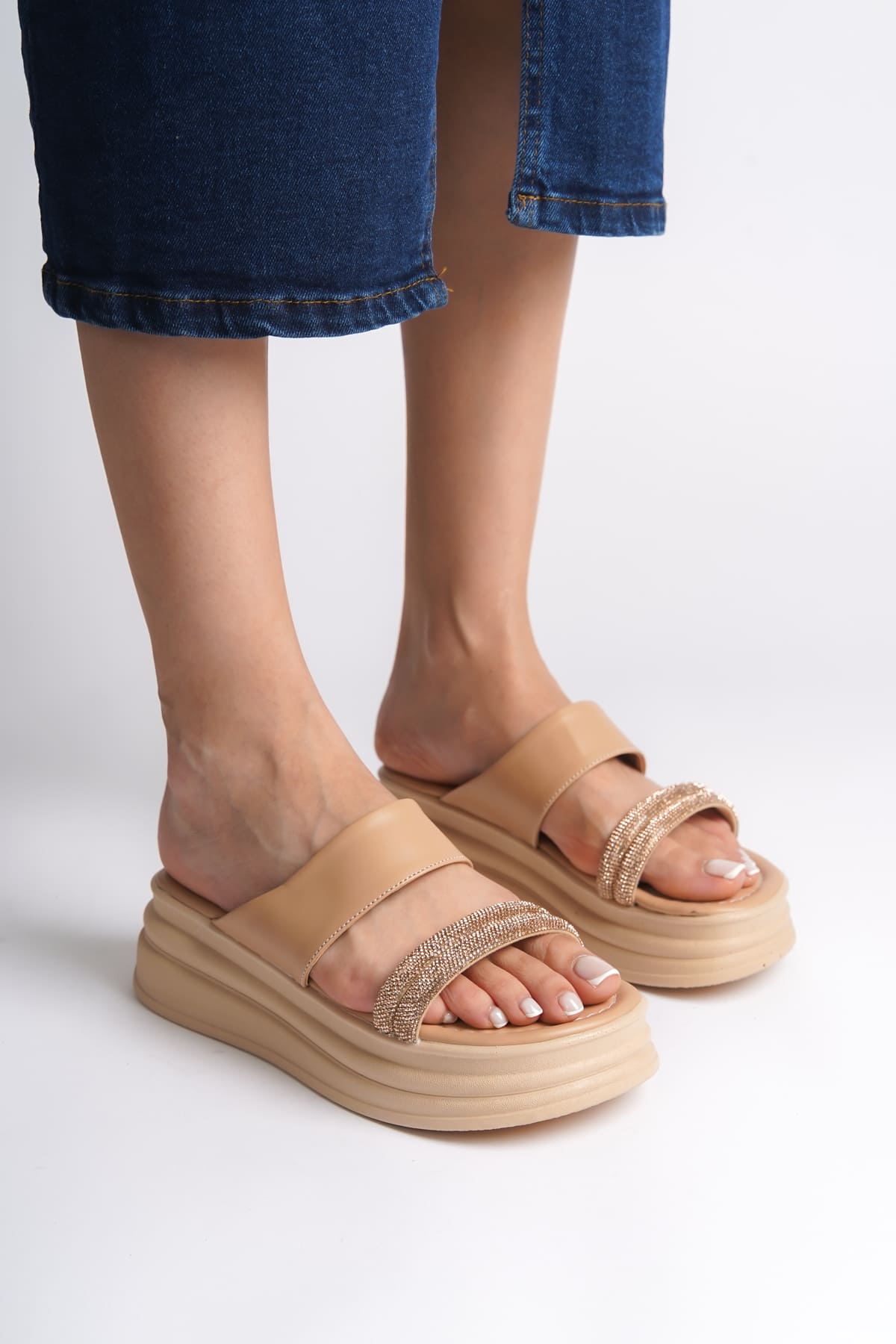 SARLENE Thick Heeled Stoned Striped Orthopedic Women's Ten Slippers