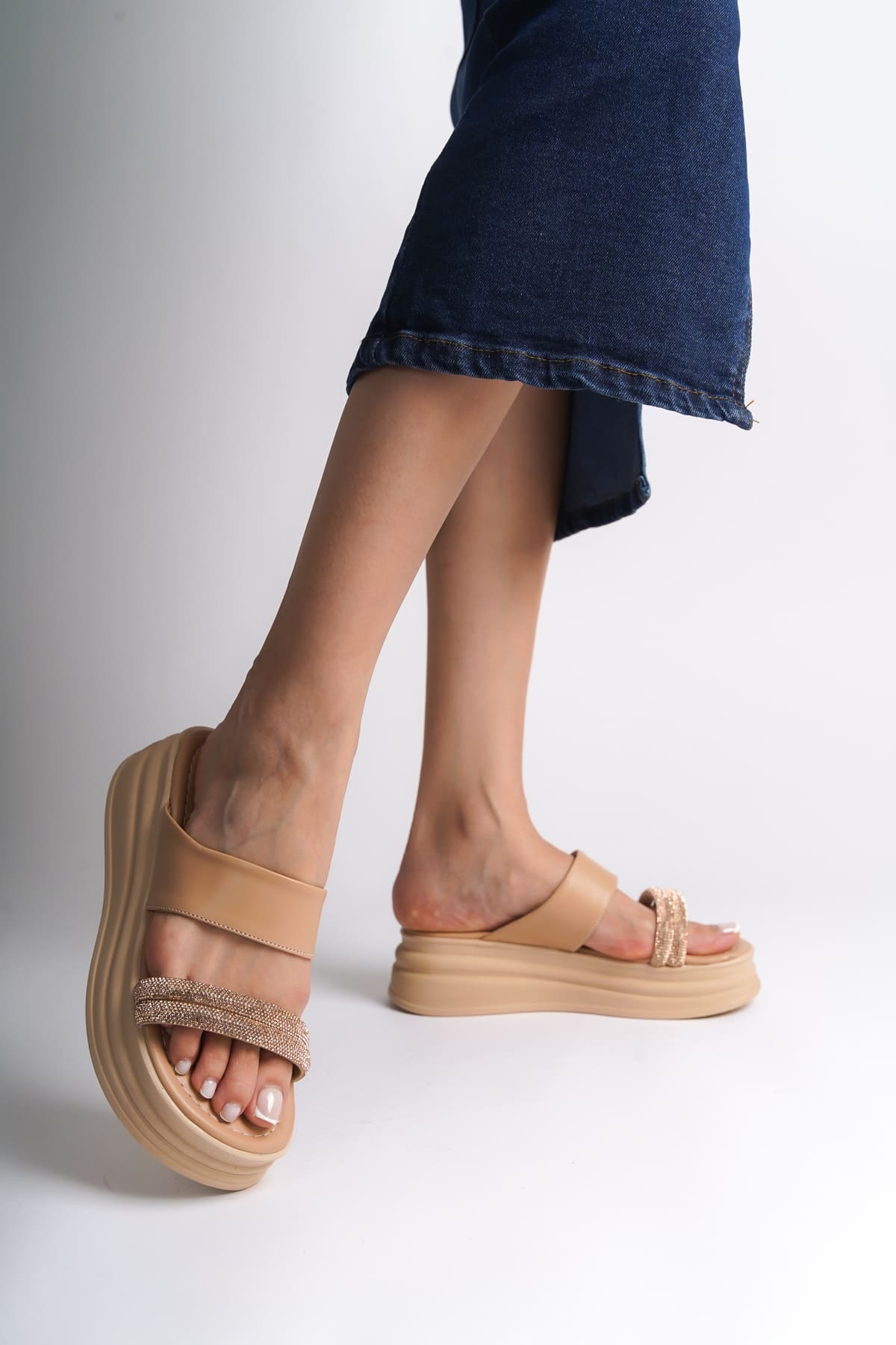 SARLENE Thick Heeled Stoned Striped Orthopedic Women's Ten Slippers