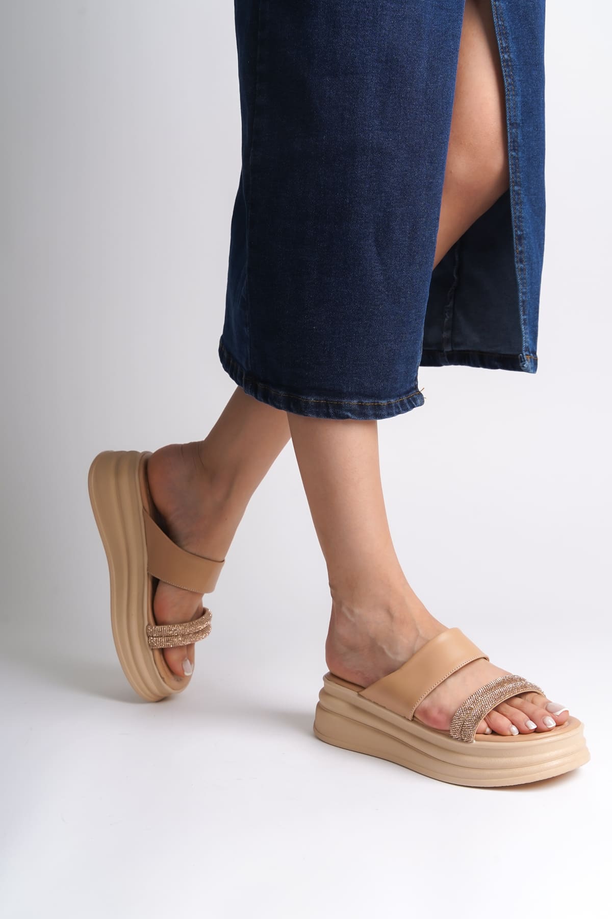 SARLENE Thick Heeled Stoned Striped Orthopedic Women's Ten Slippers