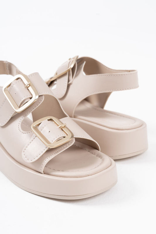 Shery Premium Beige Double-Strap Buckled Sandals