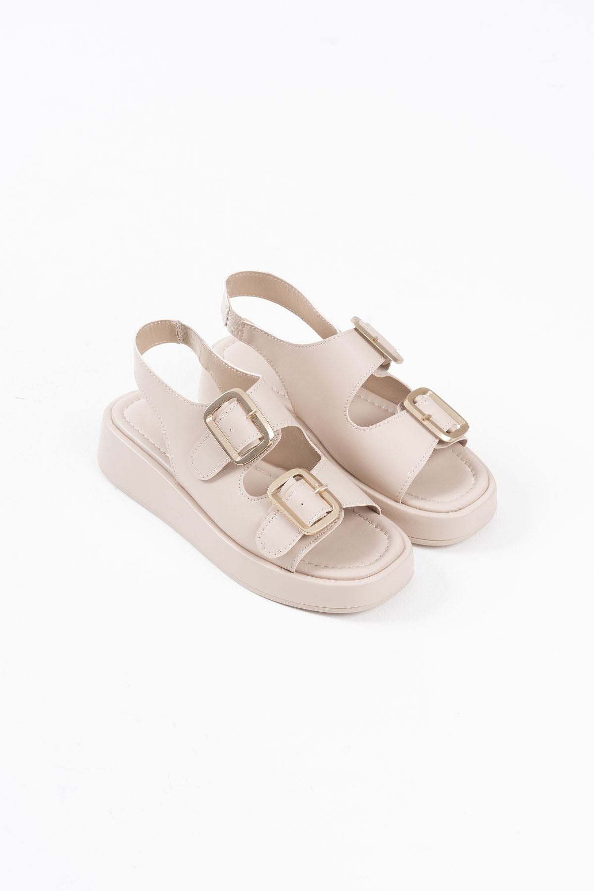 Shery Premium Beige Double-Strap Buckled Sandals