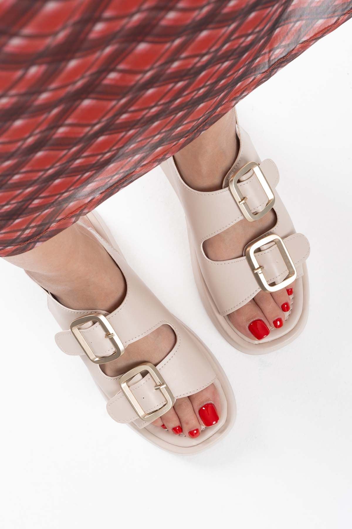 Shery Premium Beige Double-Strap Buckled Sandals