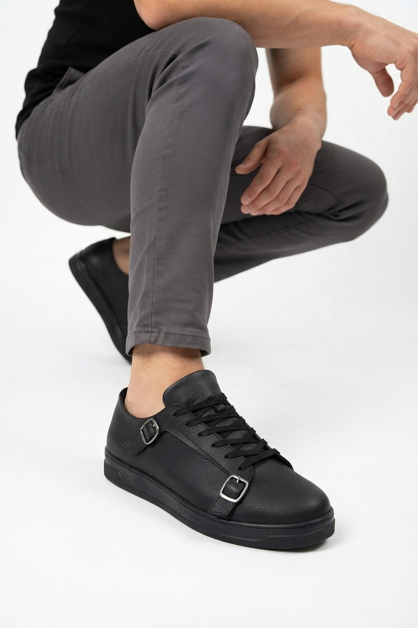 ZRC191 Yüksek Kalite Kemer Detaylı Şık Günlük Erkek Sneaker Siyah