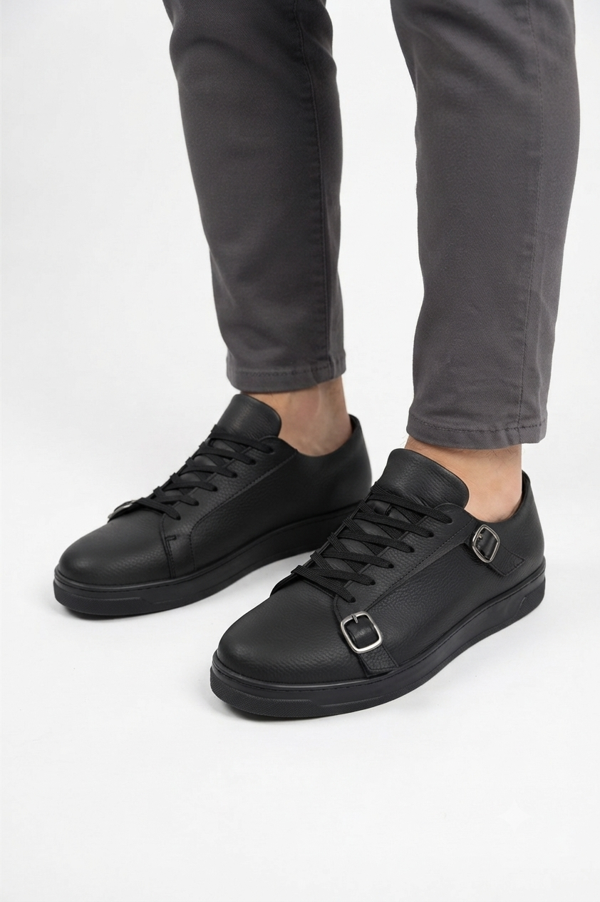 ZRC191 Yüksek Kalite Kemer Detaylı Şık Günlük Erkek Sneaker Siyah