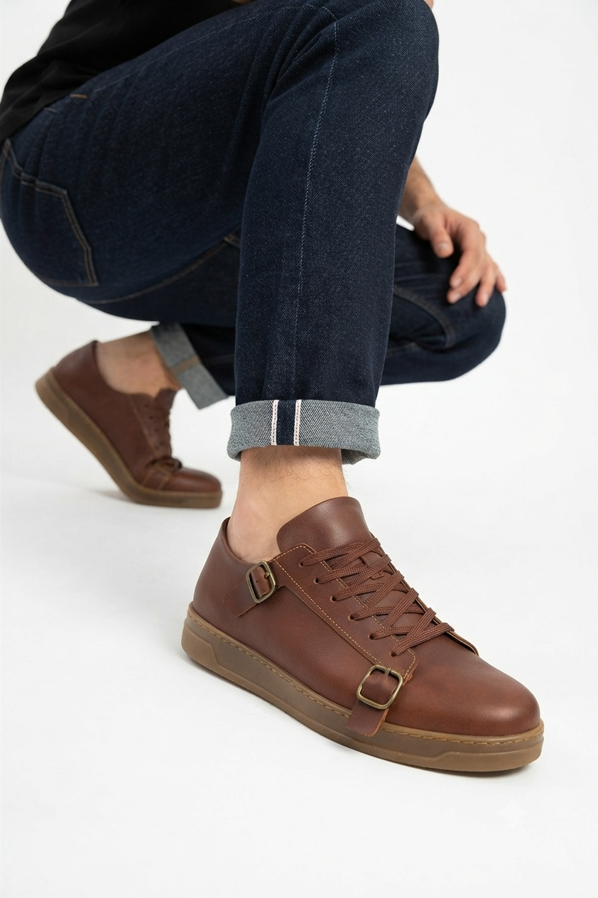 ZRC191 Yüksek Kalite Kemer Detaylı Şık Günlük Erkek Sneaker Taba