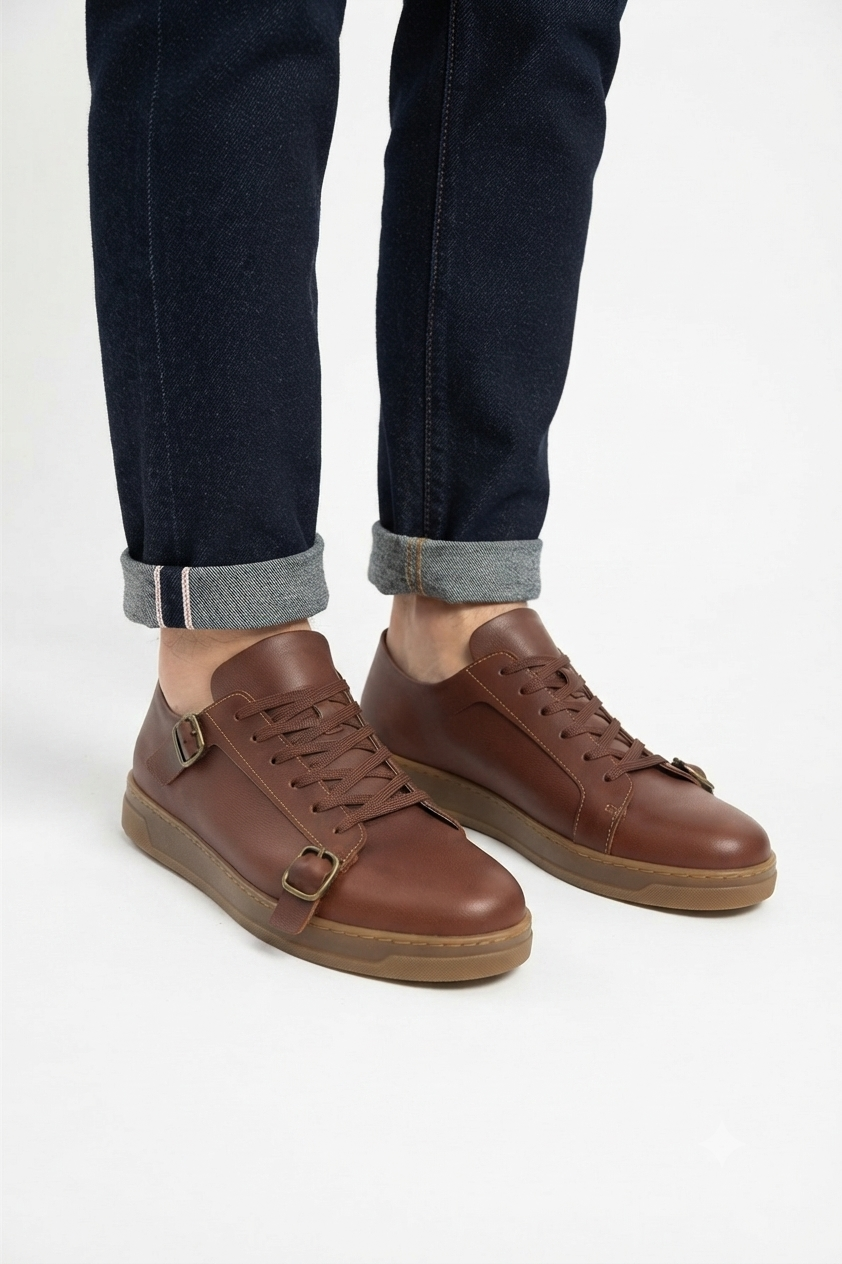 ZRC191 Yüksek Kalite Kemer Detaylı Şık Günlük Erkek Sneaker Taba