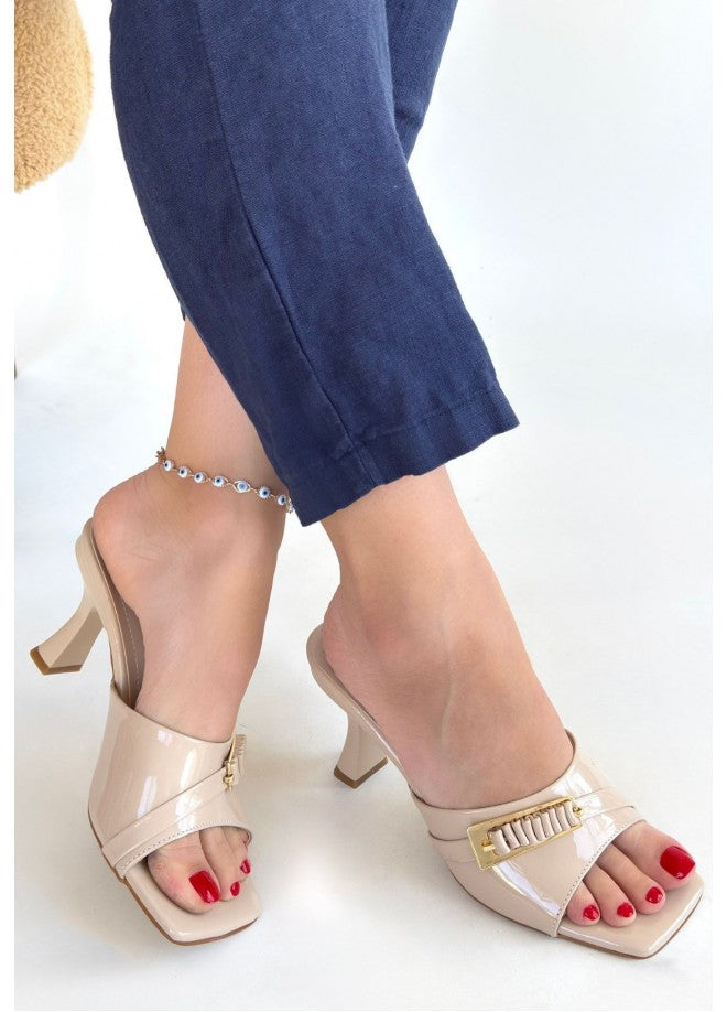 Sief Beige Patent Leather Heeled Slippers