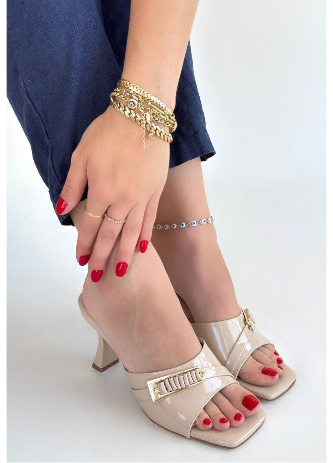 Sief Beige Patent Leather Heeled Slippers