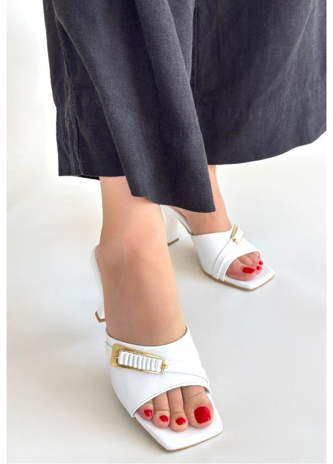 Sief White Patent Leather Heeled Slippers