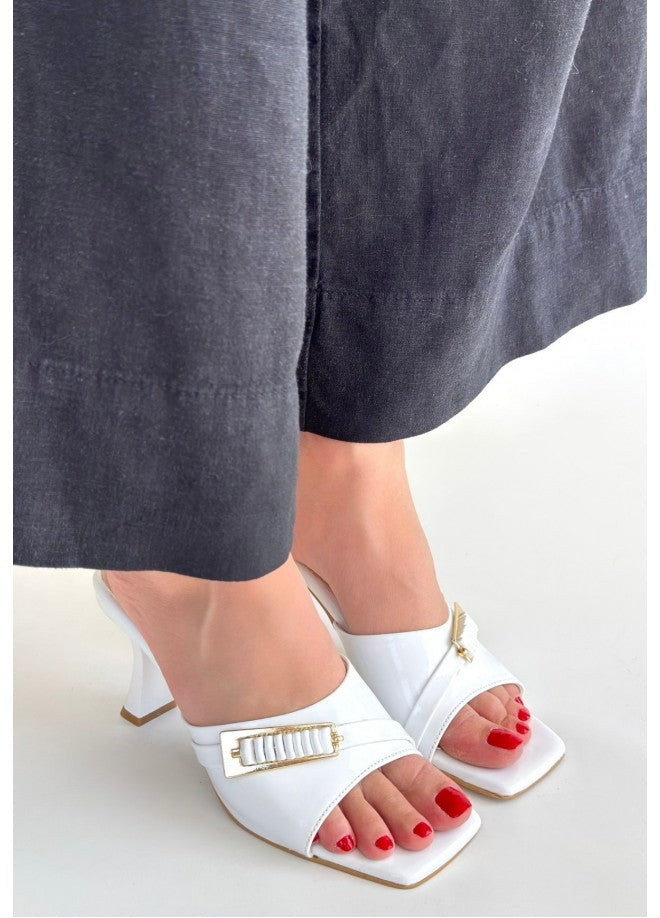 Sief White Patent Leather Heeled Slippers