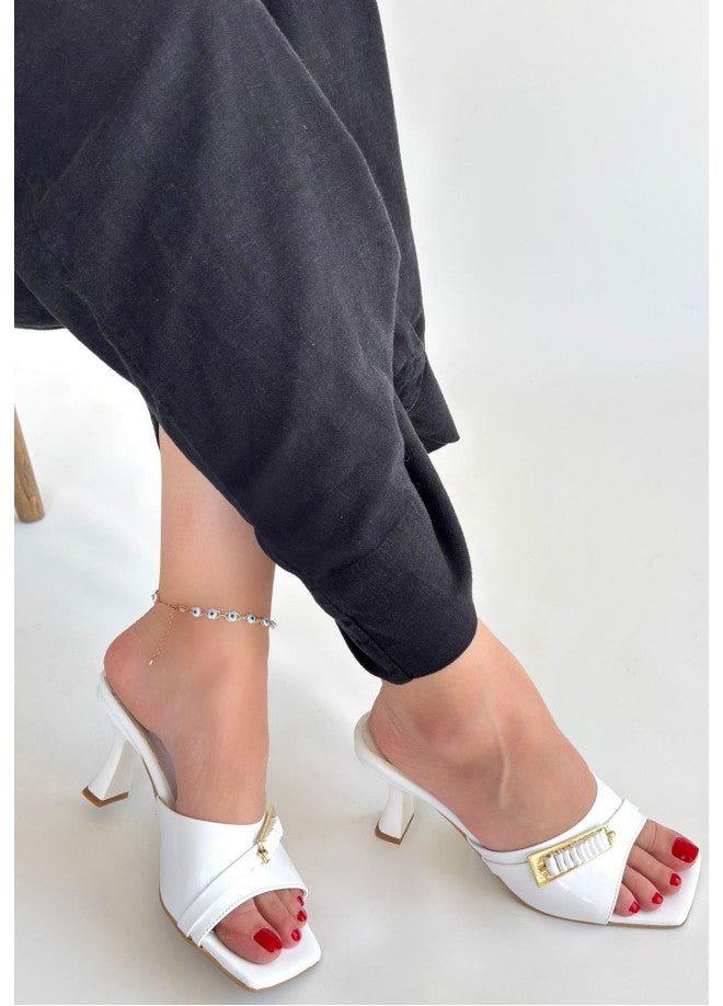 Sief White Patent Leather Heeled Slippers