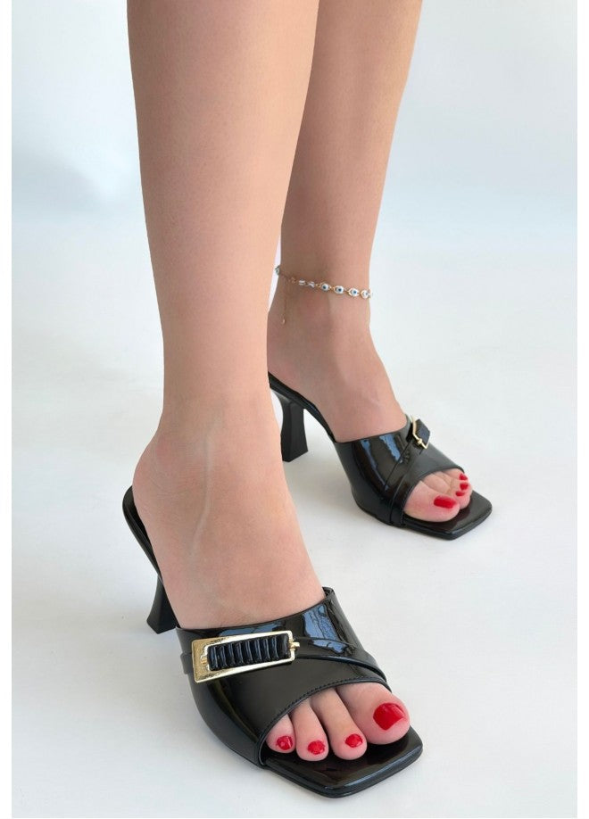 Sief Black Patent Leather Heeled Slippers
