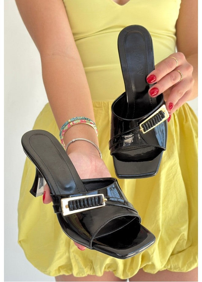Sief Black Patent Leather Heeled Slippers