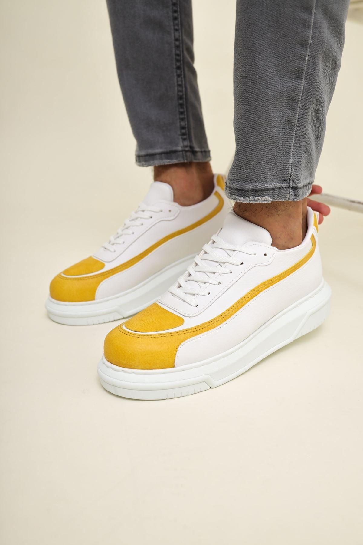 ZRC241X Yüksek Kalite Ortopedik Taban Bağcıklı Erkek Sneaker Sarı Beyaz