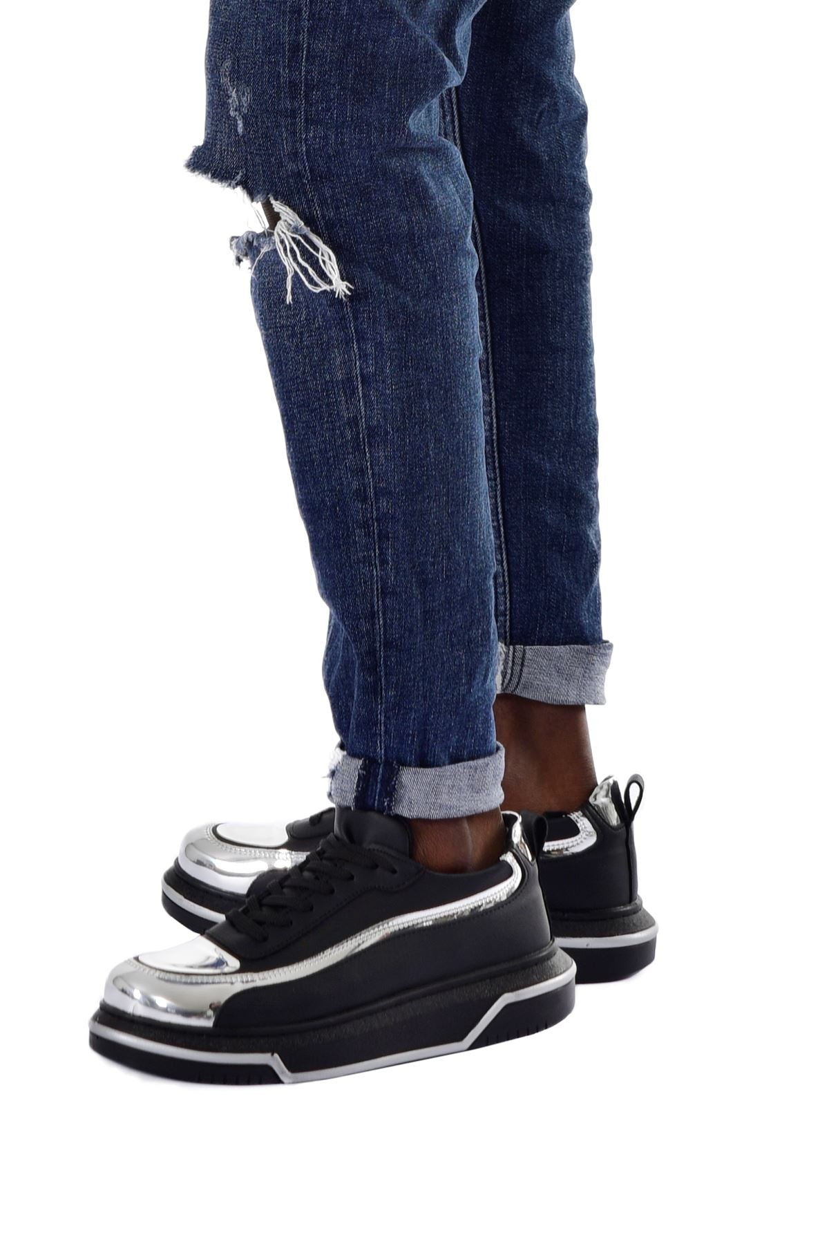 ZRC241X Yüksek Kalite Ortopedik Taban Bağcıklı Erkek Sneaker Siyah Gümüş