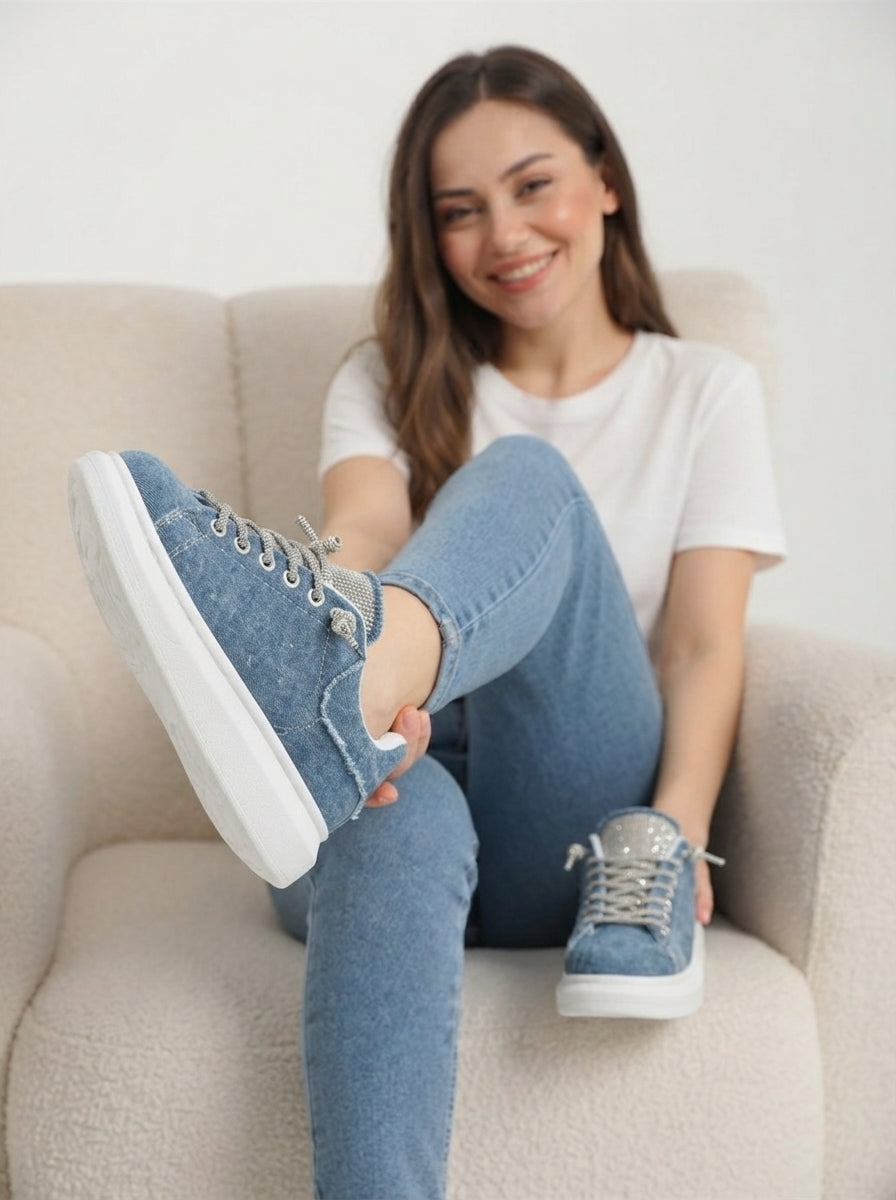 Silverhaven Premium Günlük Bağcıklı Ortopedik Taşlı Kadın Sneaker Mavi Kot