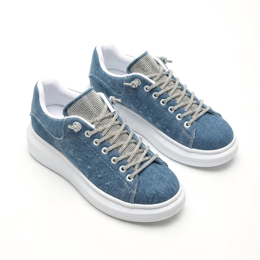 Silverhaven Premium Günlük Bağcıklı Ortopedik Taşlı Kadın Sneaker Mavi Kot